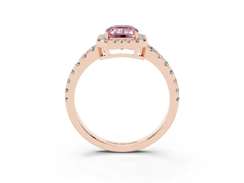 Fancy Pink Emerald Cut Diamond Halo Ring Set in Rose gold with Delicate Pavé Band and Prong Setting