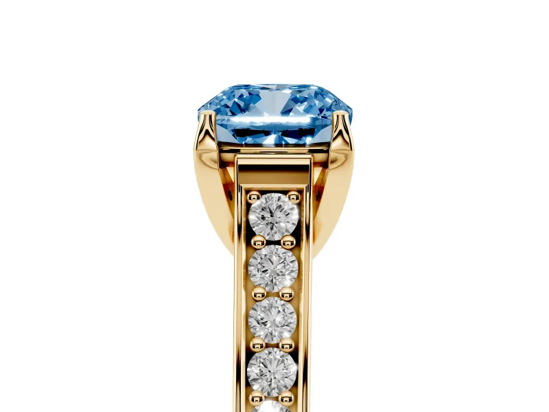 Fancy Blue Cushion Cut Diamond Solitaire Pavé Engagement Ring Set in Yellow gold with Prong Setting