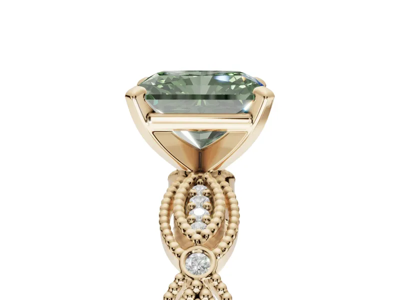 Radiant Cut Vintage Engagement Ring Setting for a Fancy Green Lab-Grown Diamond | Graduated Stations | Yellow Gold