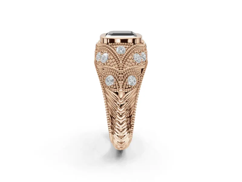 Asscher Cut Vintage Bezel Engagement Ring Setting for a Black Center | Milgrain Band | Rose Gold