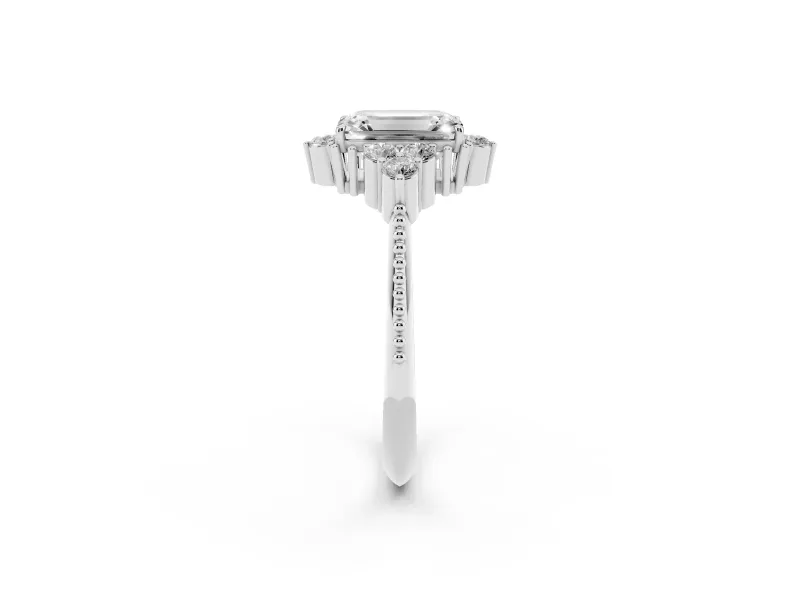 Emerald Cut Vintage Cluster Engagement Ring Setting | Beaded Edges | White Gold
