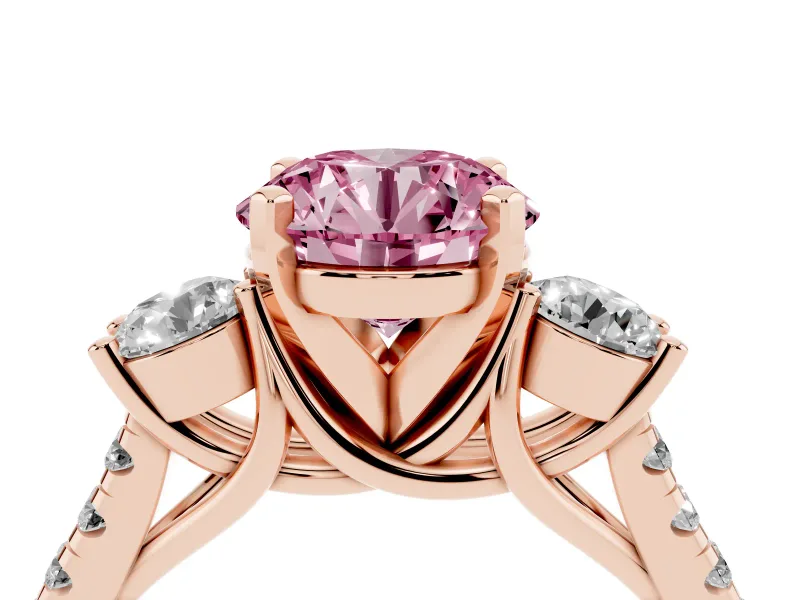 Round Three-Stone Engagement Ring Setting for a Fancy Pink Lab-Grown Diamond | Rose Gold