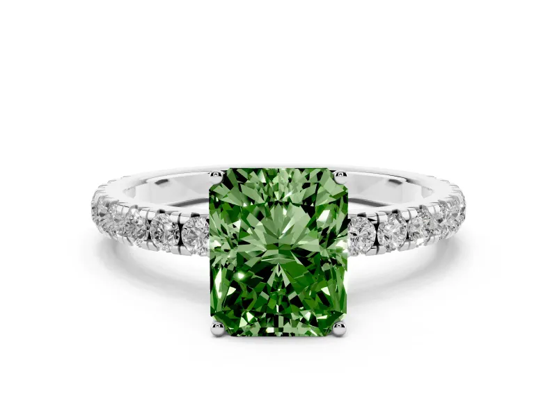 Fancy Green Radiant Cut Diamond Pavé Solitaire Engagement Ring Set in White gold with Prong Setting