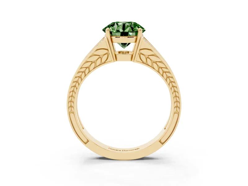Fancy Green Round Cut Diamond Split Shank Ring Set in Yellow gold with Pavé Band and Prong Setting