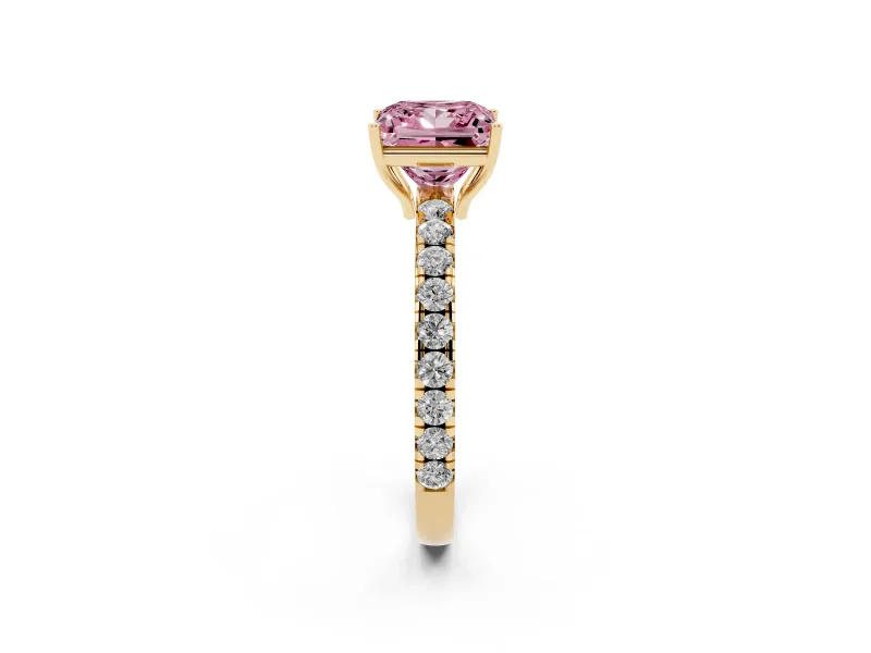 Princess Cut Pave Engagement Ring Setting for a Fancy Pink Lab-Grown Diamond | Shared Prong Band | Yellow Gold