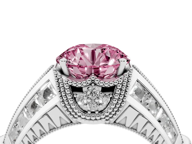 Fancy Pink Round Cut Diamond Vintage-Inspired Milgrain Ring Set in White gold with Accent Split Shank