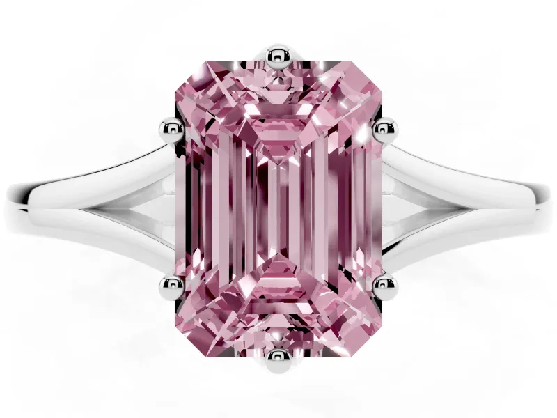 Fancy Pink Emerald Cut Diamond Solitaire Ring Set in Platinum with Polished Tapered Band and Prong Setting