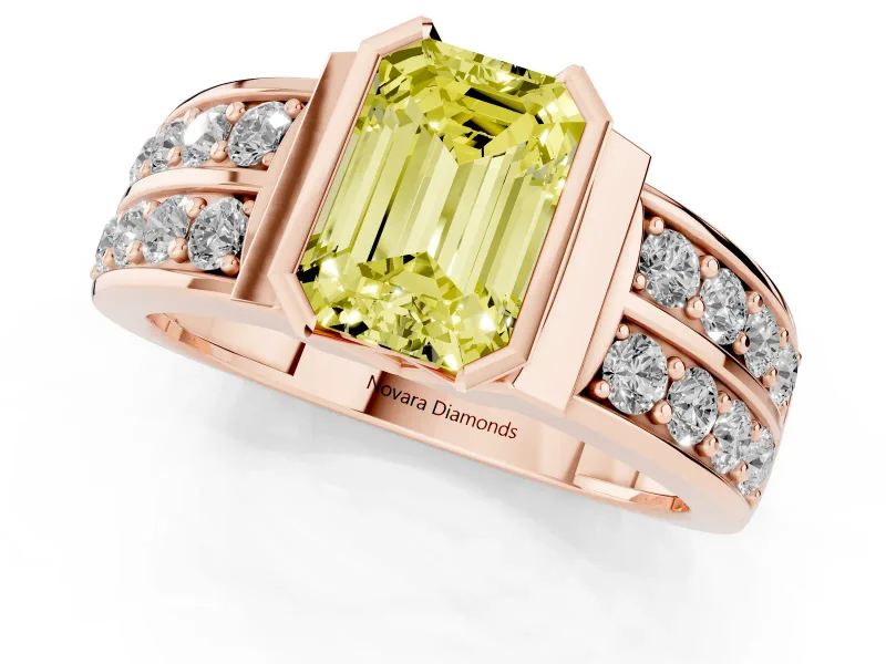 Emerald Cut Half Bezel Engagement Ring Setting for a Fancy Yellow Lab-Grown Diamond | Channel Band | Rose Gold