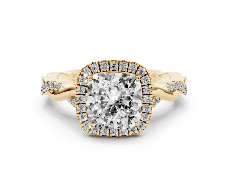 Cushion Cut Diamond Halo Twist Band Solitaire Ring Set in Yellow gold with Prong Setting