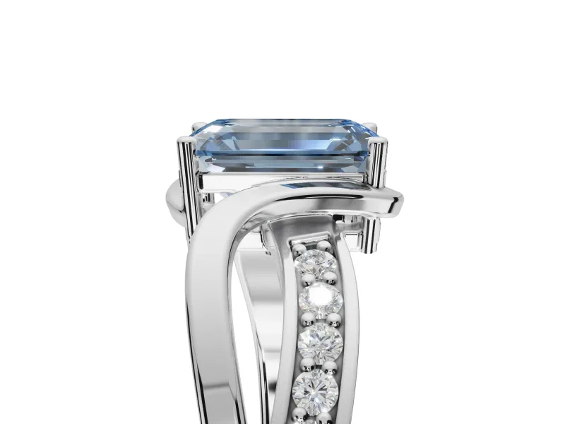 Emerald Cut Bypass Solitaire Engagement Ring Setting for a Fancy Blue Lab-Grown Diamond | Pavé Strands | Platinum