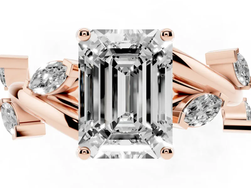 Emerald Cut Diamond Solitaire Ring Set in Rose gold with Twisted Marquise Accent Band
