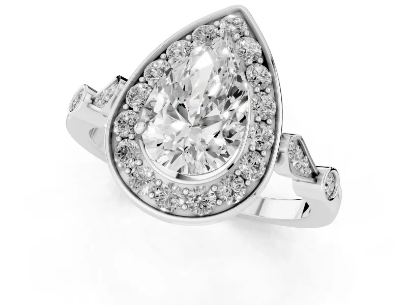 Pear Cut Diamond Halo Engagement Ring Set in Silver with Twisted Band and Prong Setting