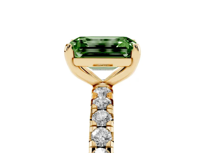 Fancy Green Emerald Cut Diamond Pavé Solitaire Ring Set in Yellow gold with Round Band and Prong Setting