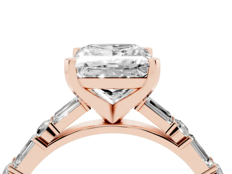 Princess Cut Baguette Side Stone Engagement Ring Setting | Alternating Accents | Rose Gold