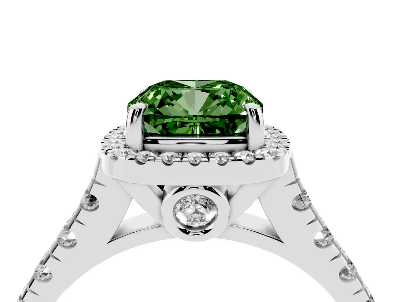 Cushion Cut Accented Halo Engagement Ring Setting for a Fancy Green Lab-Grown Diamond | Platinum