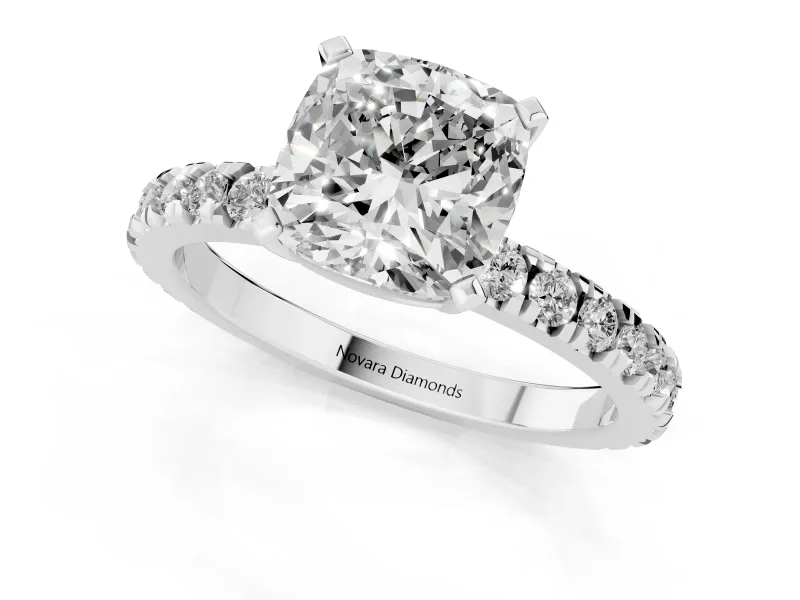 Cushion Cut Shared Prong Solitaire Engagement Ring Setting | Pavé Band | Platinum