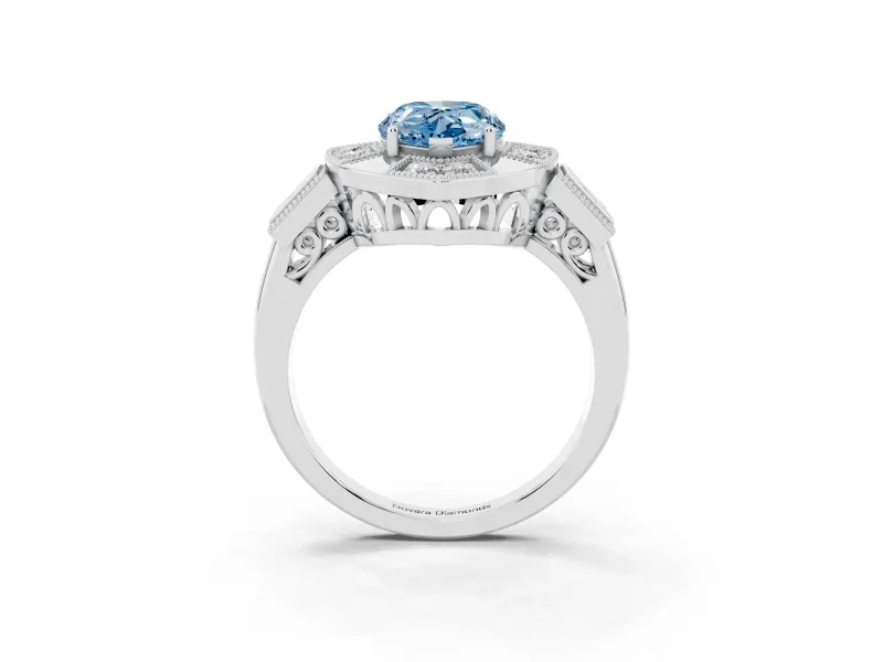Fancy Blue Pear Cut Diamond Milgrain Halo Ring Set in White gold with Split Shank