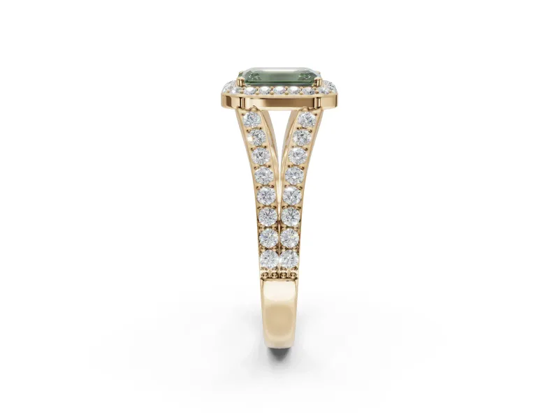 Emerald Cut Halo Pavé Engagement Ring Setting for a Fancy Green Lab-Grown Diamond | Narrow Split Shank | Yellow Gold
