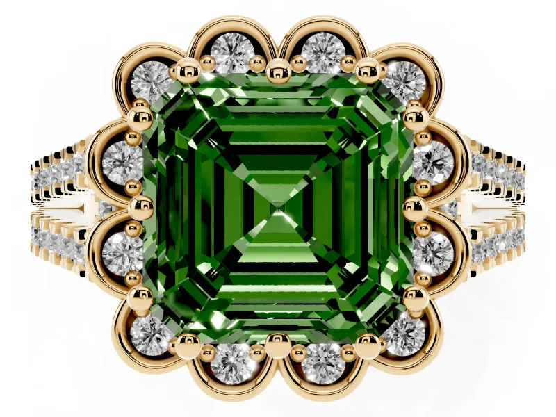 Asscher Cut Floral Halo Engagement Ring Setting for a Fancy Green Lab-Grown Diamond | Pavé Split Shank | Yellow Gold