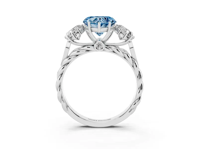 Heart-Shaped Three Stone Engagement Ring Setting for a Fancy Blue Lab-Grown Diamond | Braided Band | Platinum