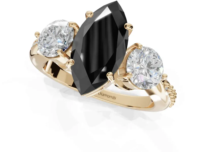 Marquise Three Stone Engagement Ring Setting for a Black Center | Tapered Pavé Band | Yellow Gold