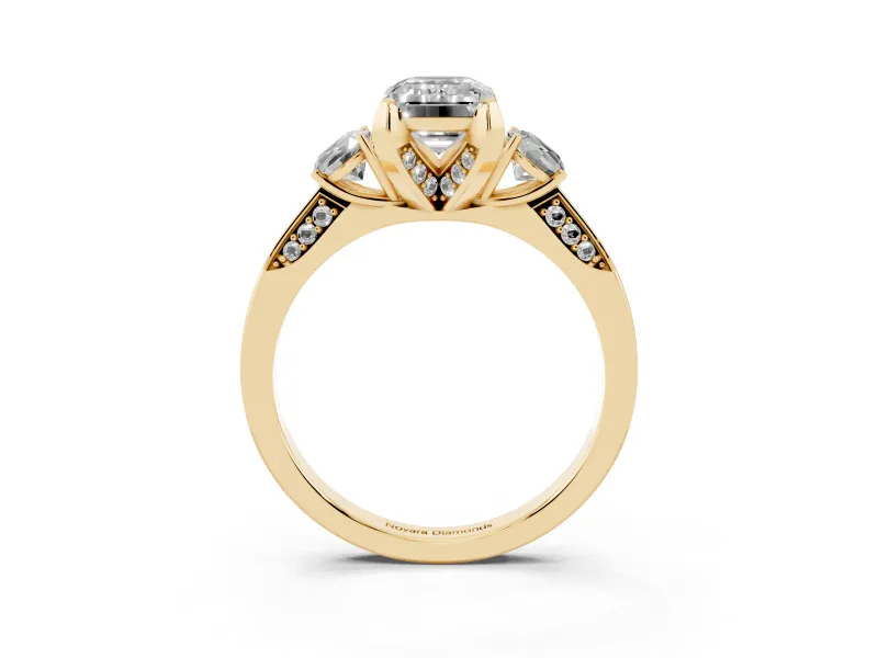 Emerald Cut Hidden Halo Three Stone Engagement Ring Setting for a Fancy Blue Lab-Grown Diamond | Yellow Gold