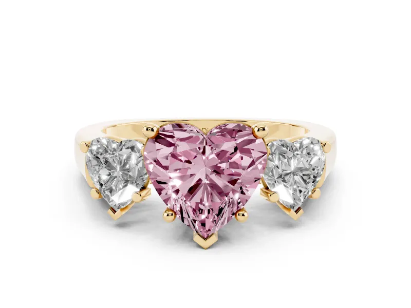 Fancy Pink Heart Cut Diamond Three-Stone Trellis Ring Set in Yellow gold with Comfort Fit Band