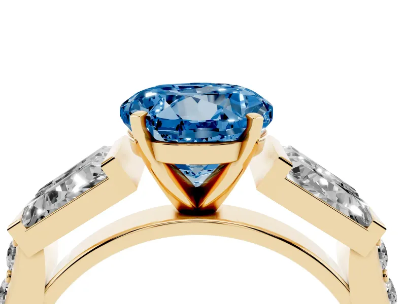 Fancy Blue Round Cut Diamond Engagement Ring Set in Yellow gold with Baguette Side Stones and Channel Set Band