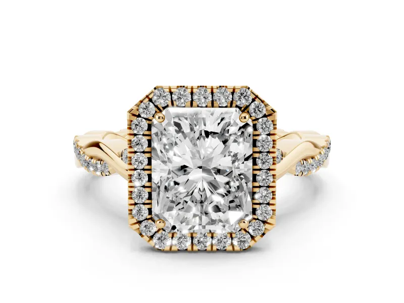 Radiant Cut Diamond Halo Twist Band Solitaire Ring Set in Yellow gold with Prong Setting