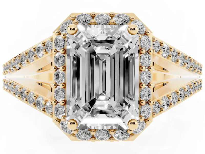 Emerald Cut Halo Engagement Ring Setting | V-Split Pavé Band | Yellow Gold