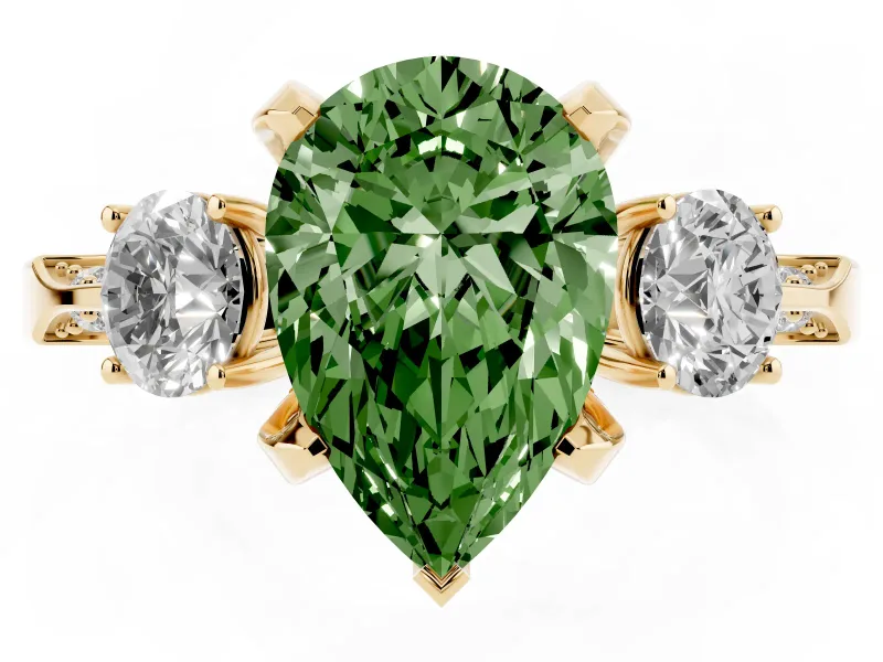 Pear-Shaped Hidden Halo Three Stone Engagement Ring Setting for a Fancy Green Lab-Grown Diamond | Yellow Gold