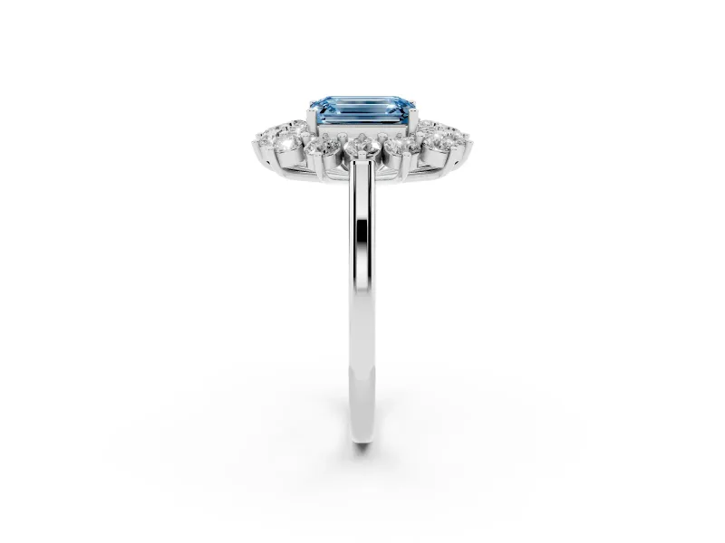 Emerald Cut Floral Double Halo Engagement Ring Setting for a Fancy Blue Lab-Grown Diamond | Plain Band | Sterling Silver