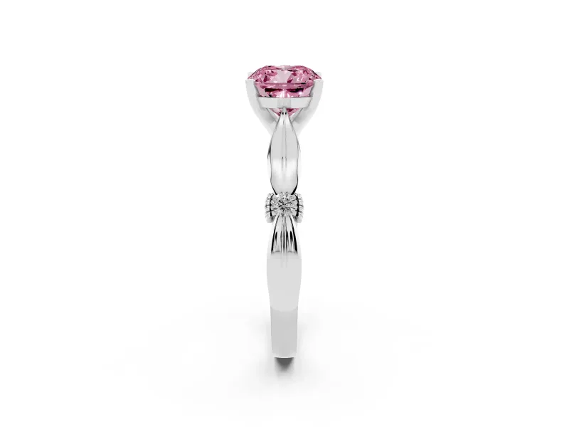 Fancy Pink Cushion Cut Diamond Solitaire Twisted Band Ring Set in White gold with Accent Stones and Prong Setting