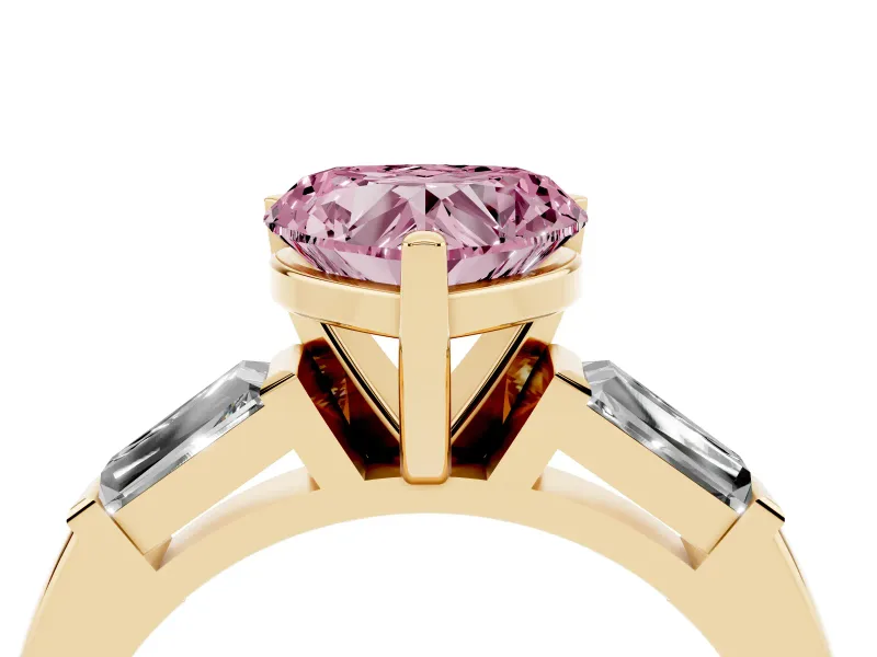 Heart-Shaped Three Stone Engagement Ring Setting for a Fancy Pink Lab-Grown Diamond | Tapered Baguettes | Yellow Gold