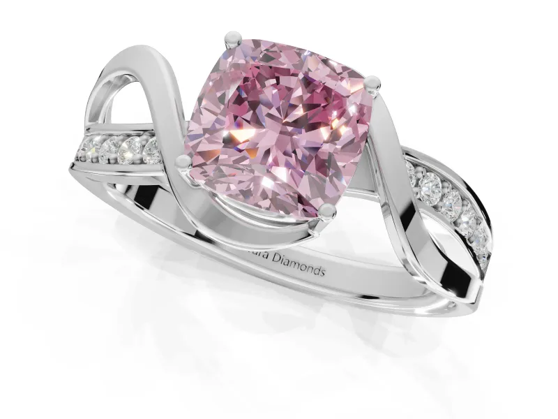 Cushion Cut Bypass Solitaire Engagement Ring Setting for a Fancy Pink Lab-Grown Diamond | Pavé Strands | Platinum