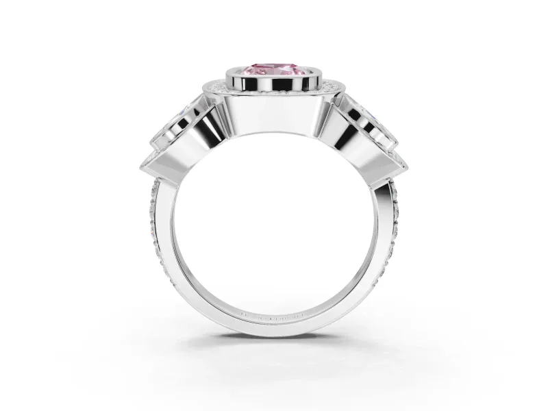 Cushion Cut Three Stone Halo Engagement Ring Setting for a Fancy Pink Lab-Grown Diamond | Platinum