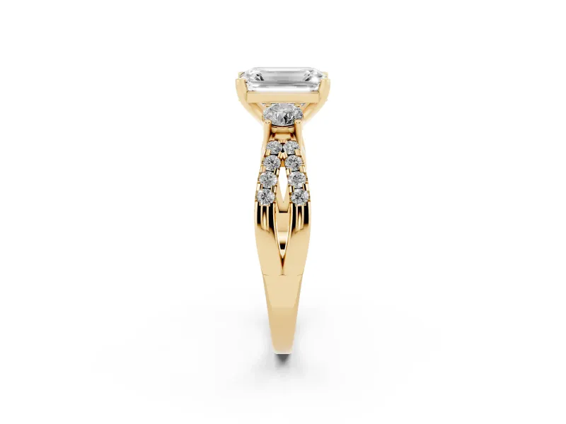 Emerald Cut Three Stone Engagement Ring Setting | Pavé Split Shank | Yellow Gold