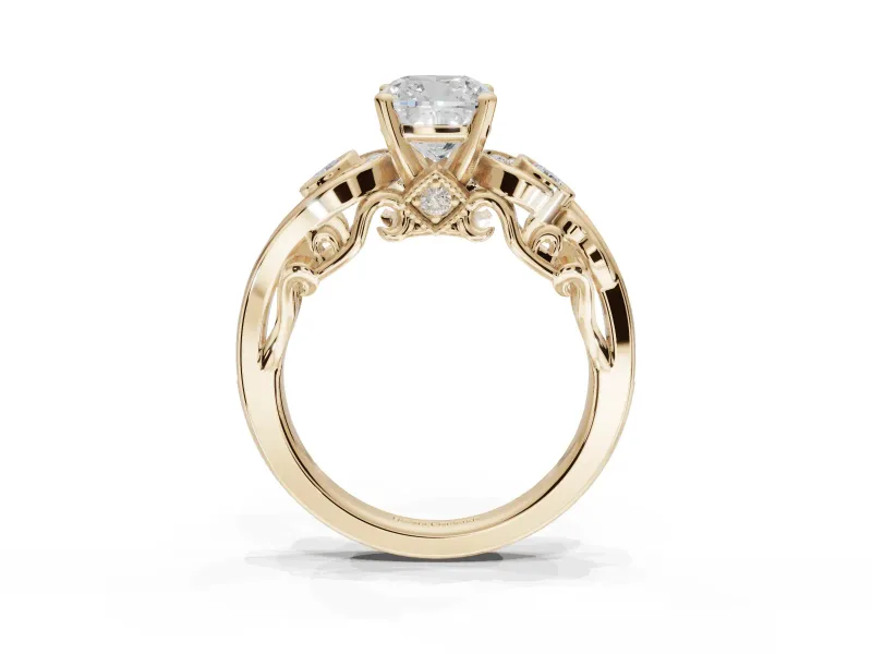Cushion Cut Vintage Swirl Engagement Ring Setting | Bezel Side Accents | Yellow Gold