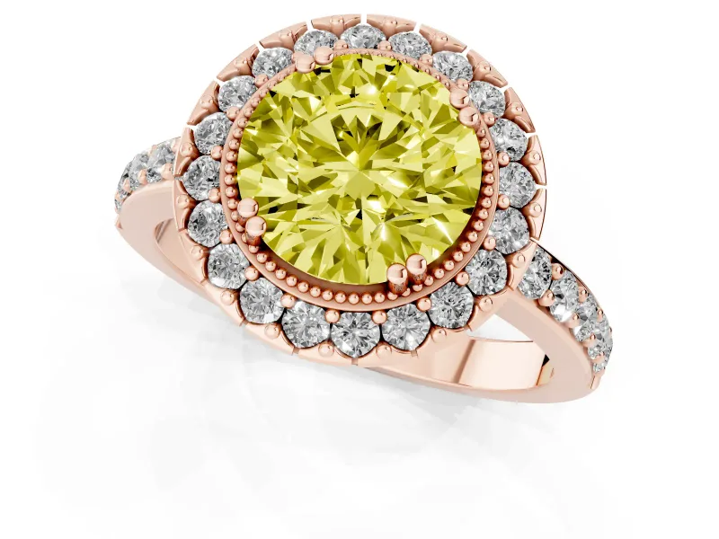 Round Vintage Milgrain Halo Engagement Ring Setting for a Fancy Yellow Lab-Grown Diamond | Pierced Gallery | Rose Gold