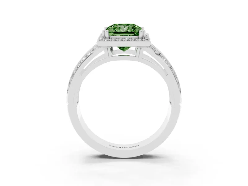 Princess Cut Halo Engagement Ring Setting for a Fancy Green Lab-Grown Diamond | Two-Row Pave Split Shank | White Gold