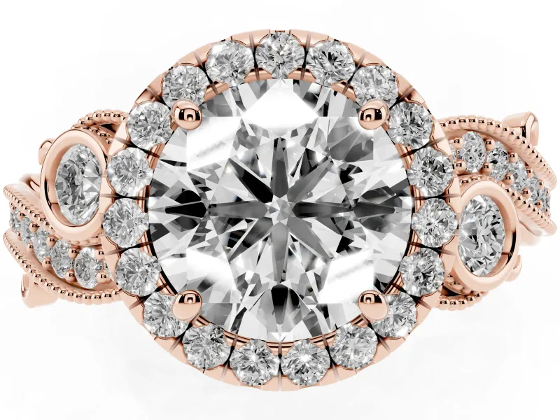 Round Cut Diamond Halo Ring Set in Rose gold with Milgrain Pavé Band and Prong Setting
