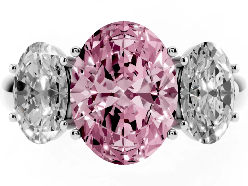 Fancy Pink Oval Cut Diamond Three-Stone Ring Set in White gold with Bold Center and Classic Band