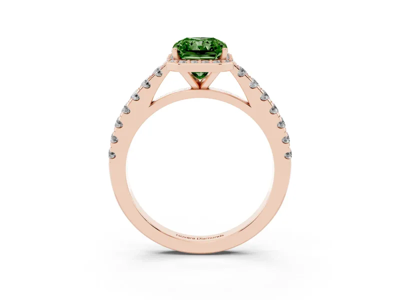 Radiant Cut Halo Pavé Engagement Ring Setting for a Fancy Green Lab-Grown Diamond | Rose Gold