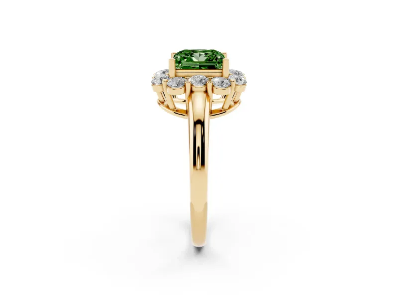 Princess Cut Graduated Milgrain Halo Engagement Ring Setting for a Fancy Green Lab-Grown Diamond | Yellow Gold