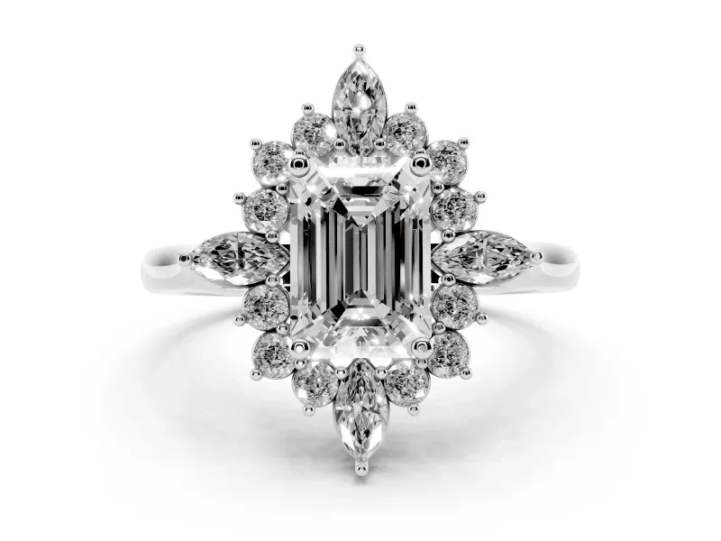 Emerald Cut Diamond Cluster Halo Ring Set in White gold with Marquise and Round Accents