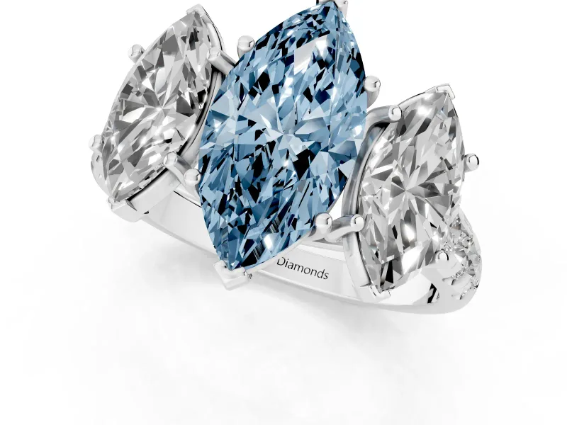 Marquise Three Stone Engagement Ring Setting for a Fancy Blue Lab-Grown Diamond | Accented Shoulders | Platinum