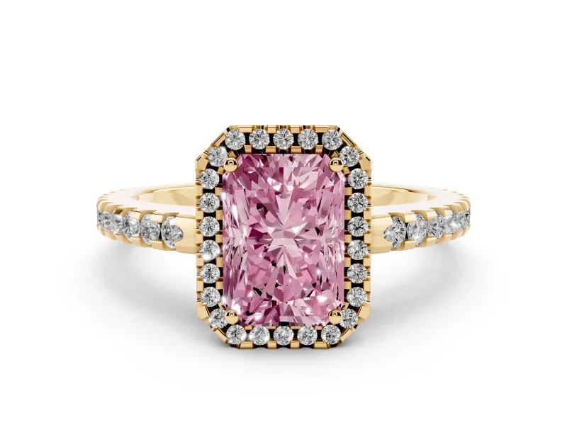Fancy Pink Radiant Cut Diamond Halo Ring Set in Yellow gold with Pavé Shoulders and Halo-Framed Center