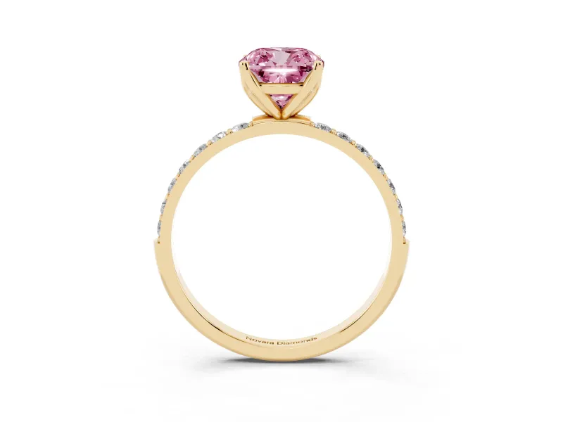 Cushion Cut Pave Solitaire Engagement Ring Setting for a Fancy Pink Lab-Grown Diamond | Slim Band | Yellow Gold
