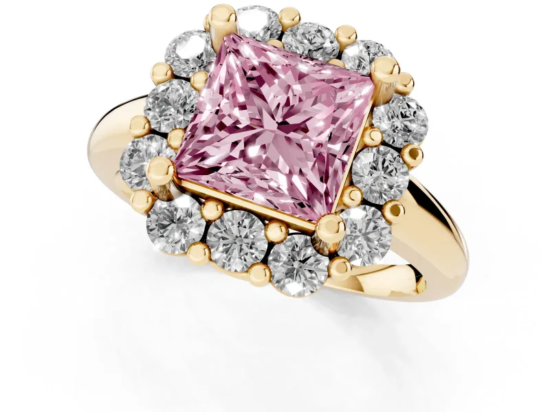 Princess Cut Cluster Halo Engagement Ring Setting for a Fancy Pink Lab-Grown Diamond | Large Round Accents | Yellow Gold