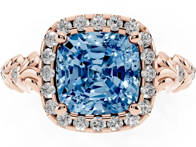 Cushion Cut Leaf Halo Engagement Ring Setting for a Fancy Blue Lab-Grown Diamond | Bezel Accents | Rose Gold